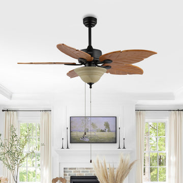 Poinciana 52" Coastal Bohemian Iron/Wood Palm Leaf LED Ceiling Fan with Pull Chain - JONATHAN Y